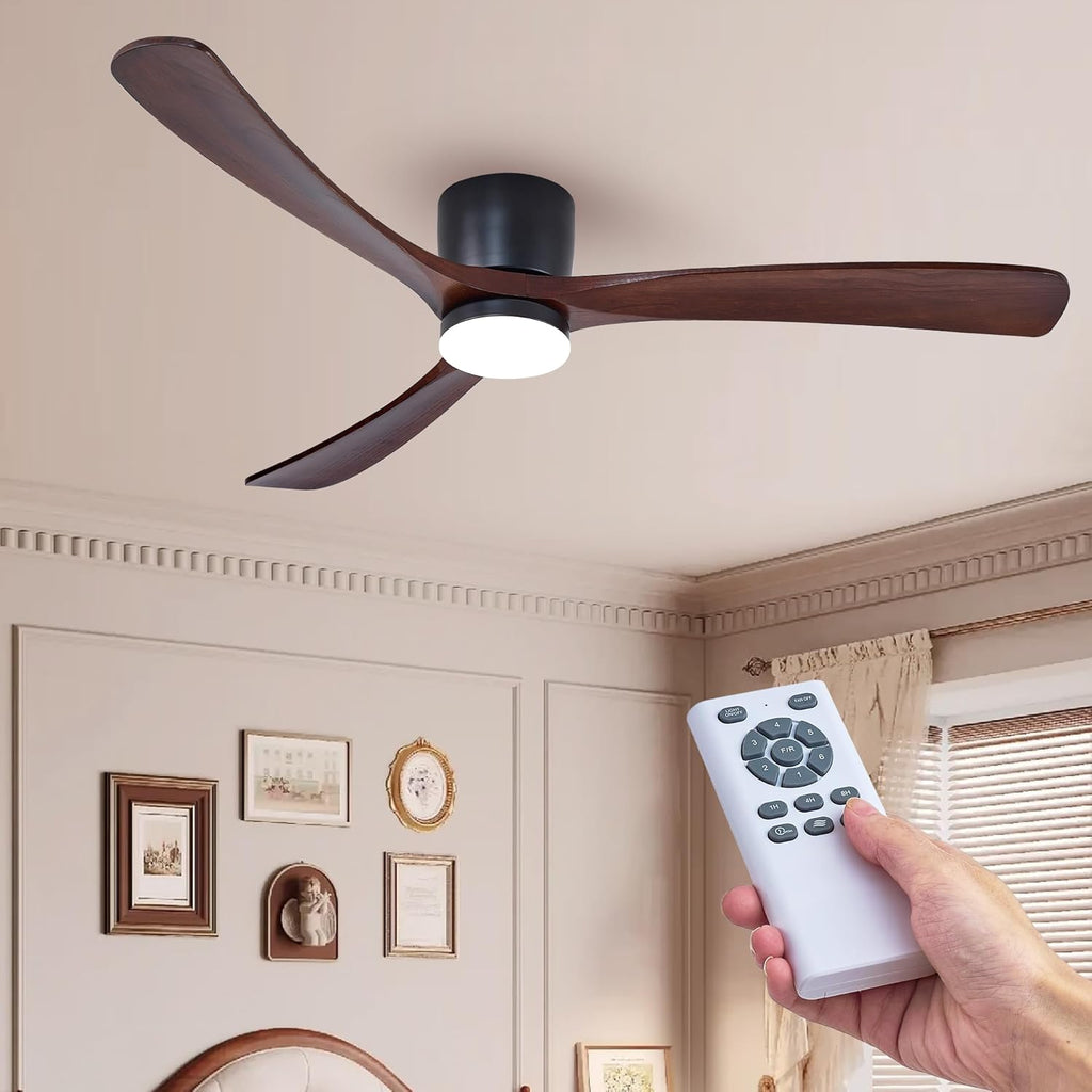 Modern 60 Inch Low Profile Flush Mount Ceiling Fan with LED Lights and Remote Control - 3 Wood Blades, Reversible DC Motor, 6 Speeds - Walnut and Matte Black