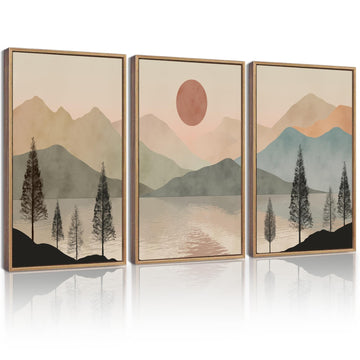 Vintage Landscape Framed Wall Art Mountain Range Wall Decor Ink Wash Watercolor Nature Laker Sun Rises Prints Bedroom