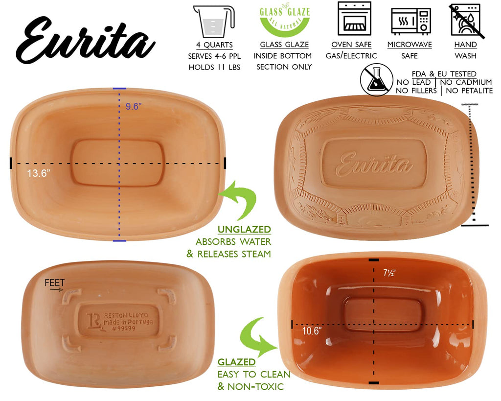 Eurita Clay Roaster, 3 Quart, Non-Stick Earthenware, Toxin-Free, Healthy Clay Pot Cooking, Versatile Cooking Dutch