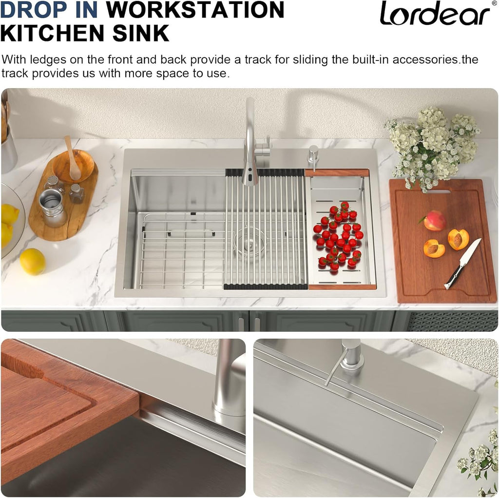 33x22 Inch Drop Sink With Faucet - 33 Kitchen Sink With Faucet Combo Workstation 16 Gauge Stainless Steel Single Bowl