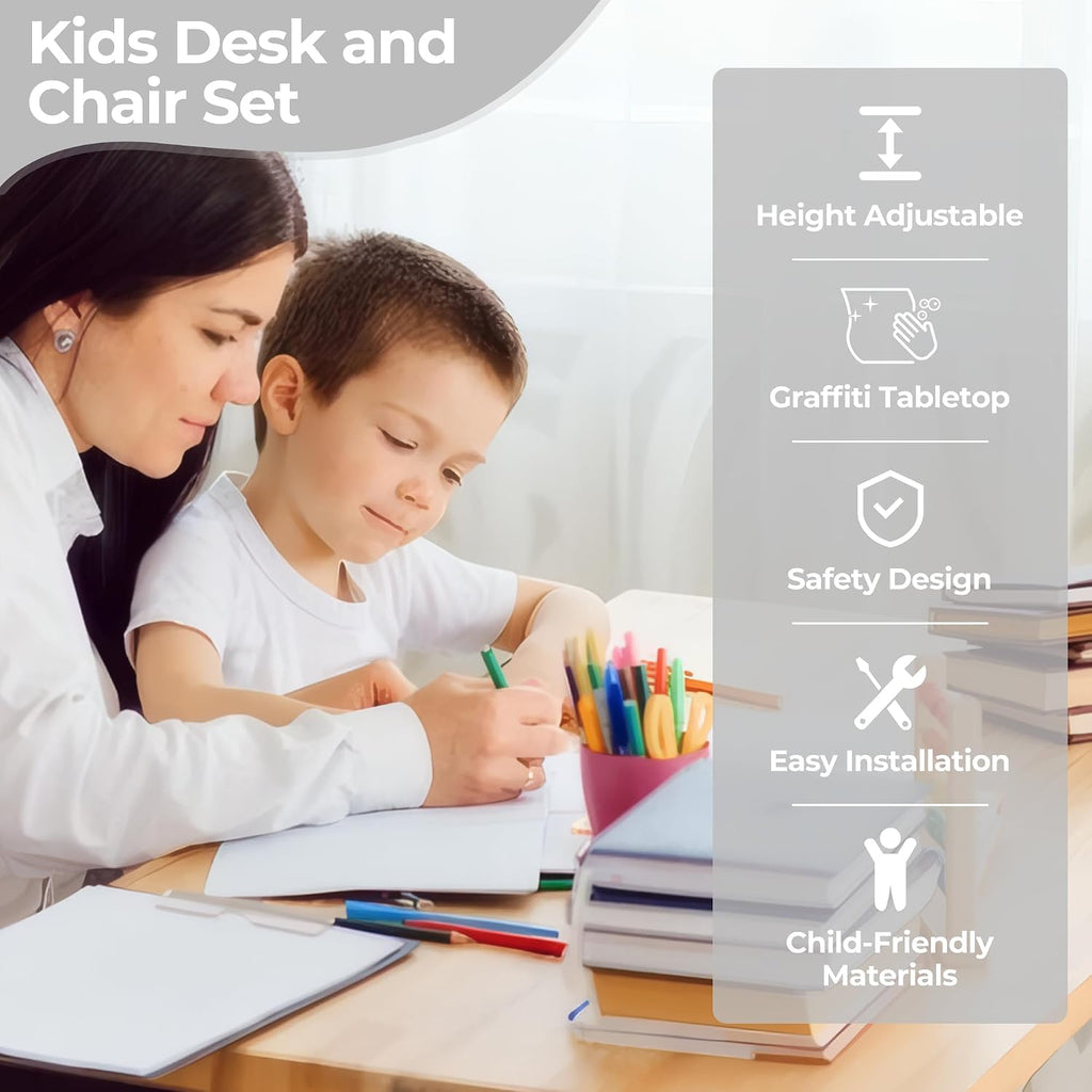 Kids Desk & Chair Set, Height Adjustable, Graffiti Desktop, Grey
