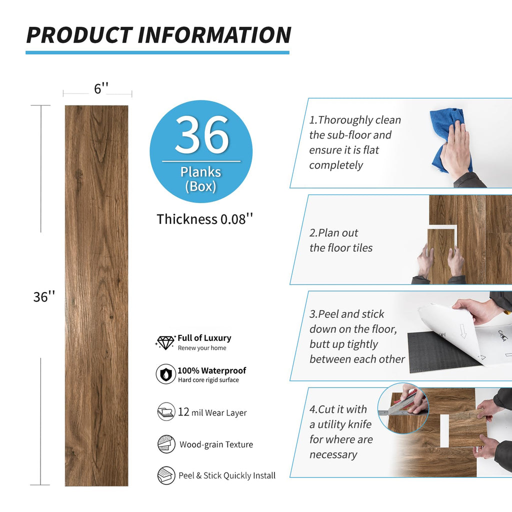 Wood Texture Peel and Stick Vinyl Floor Tiles, 36-Pack, Rosewood