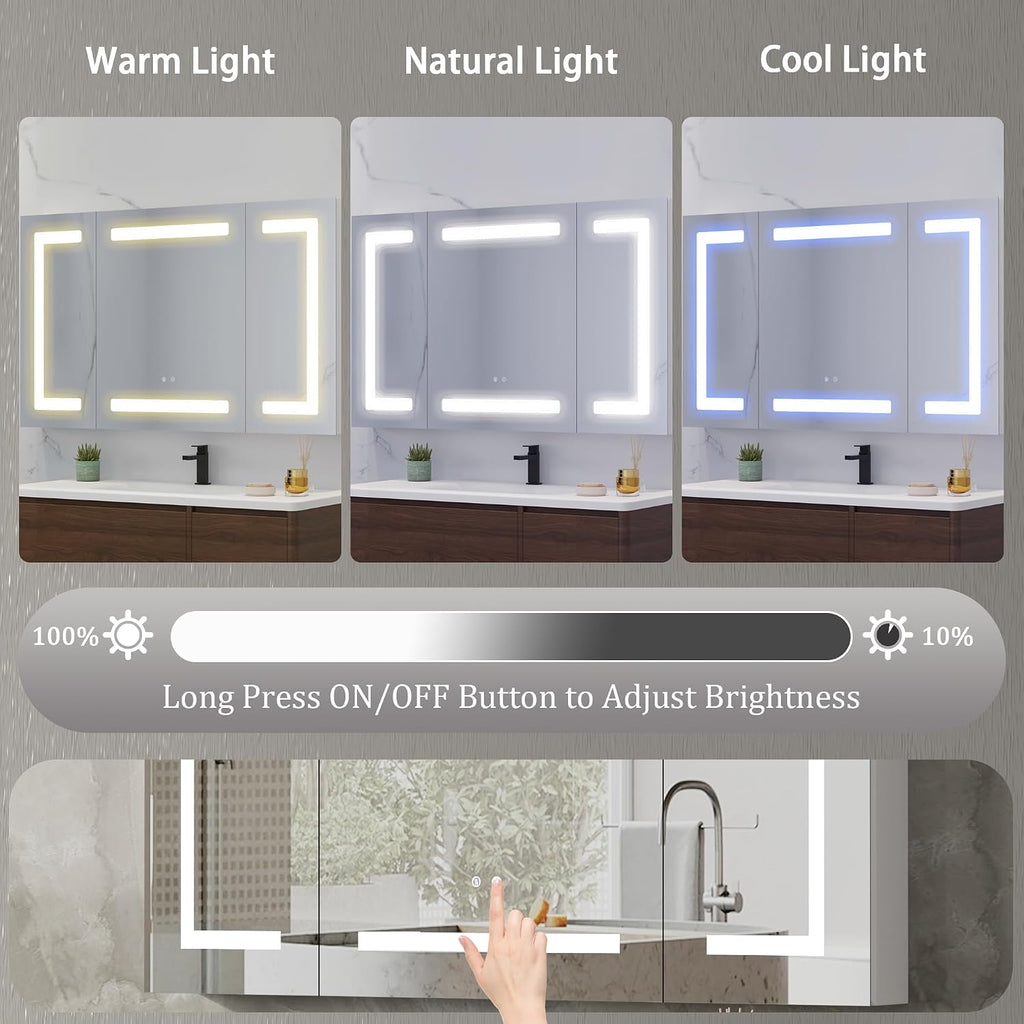 LED Medicine Cabinet with Mirror , Assembly-Free Lighted Medicine Cabinet, Defog, Stepless Dimming, 3 Colors, 2