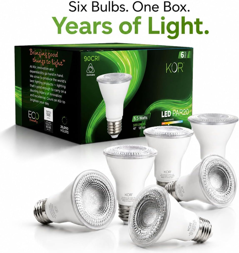 5.5W PAR20 LED Flood Bulb, Dimmable, E26 Base, 3000K Soft White, 6-Pack