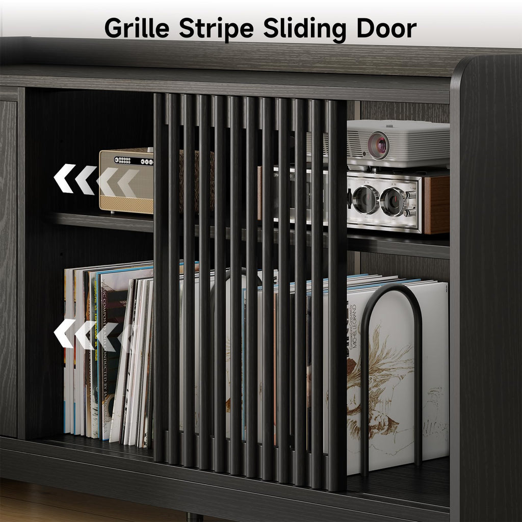 48" Record Player Stand w/Flip-Out Storage Cabinet, Sliding Door