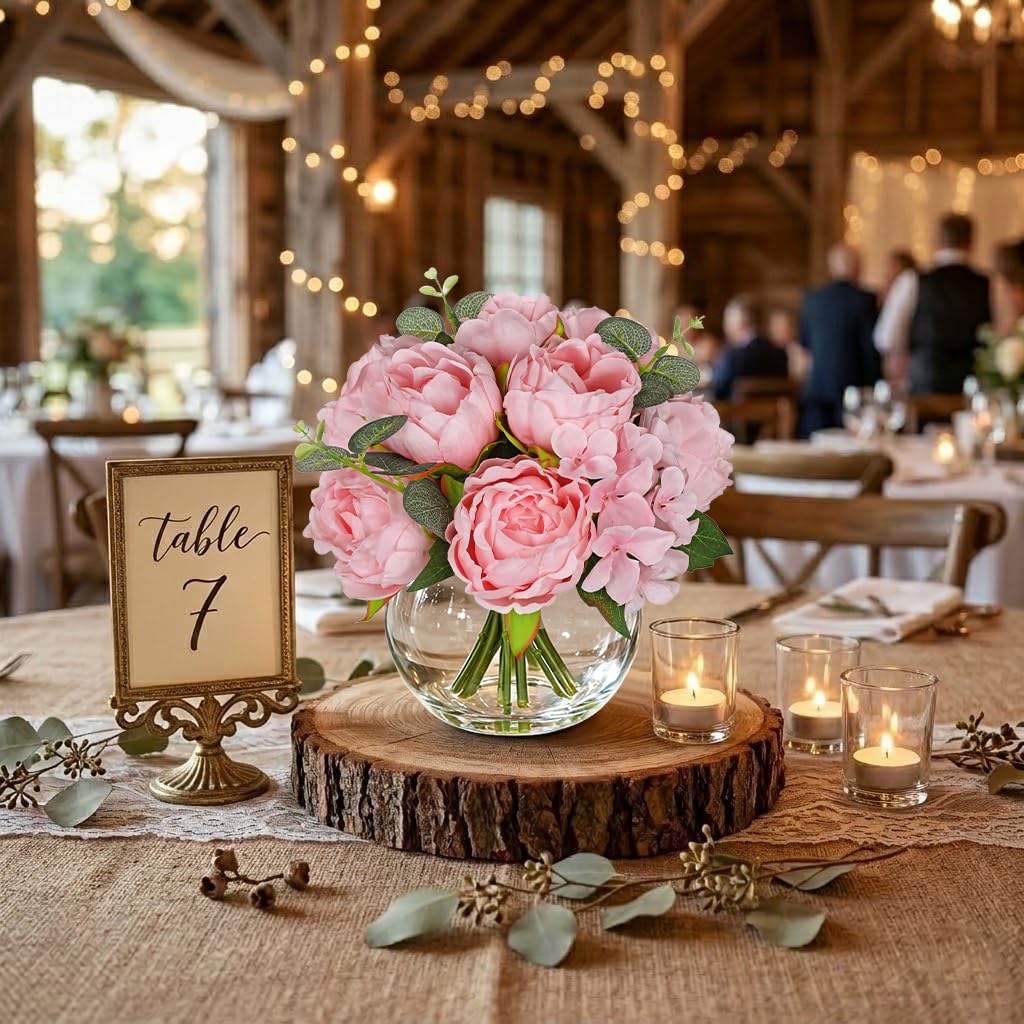 Pink Peonies Artificial Flowers in Vase Peony Fake Flowers Silk Flower Arrangements with Glass Vase with Faux Water