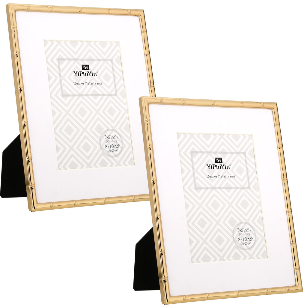 8x10'' Bamboo Detail Gold Metal Picture Frame with Acid Free Mat for 5x7'' Set of 2, Narrow Gold Plated Photo Frames 5
