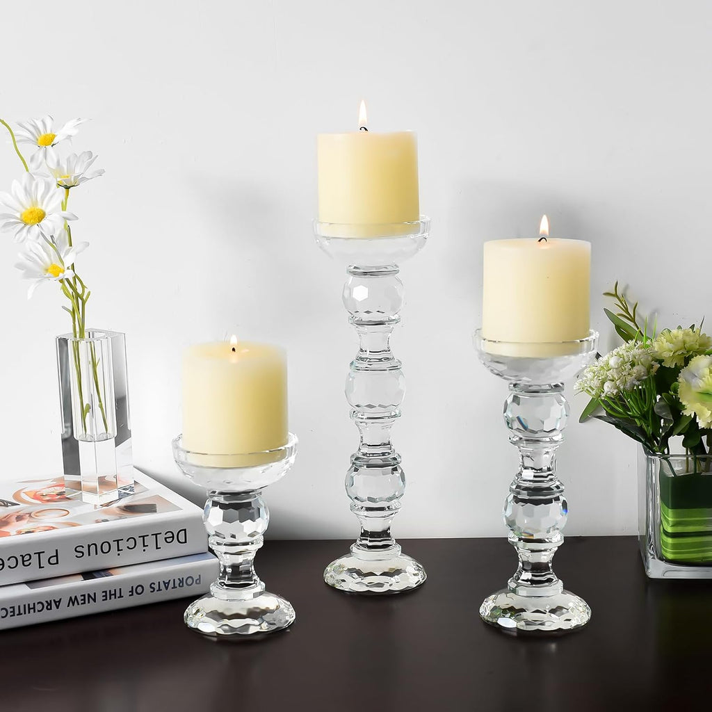 3-Piece Set of Crystal Candlestick,Clear Crystal Pillar Candles Holders,Family Living Room Wedding