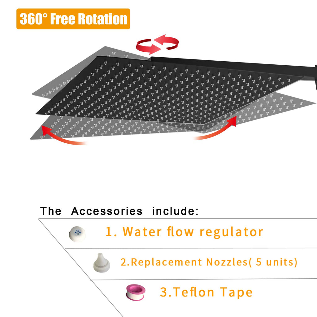 16 In Rain Shower Head High Pressure Rainfall Shower Head Matte Black