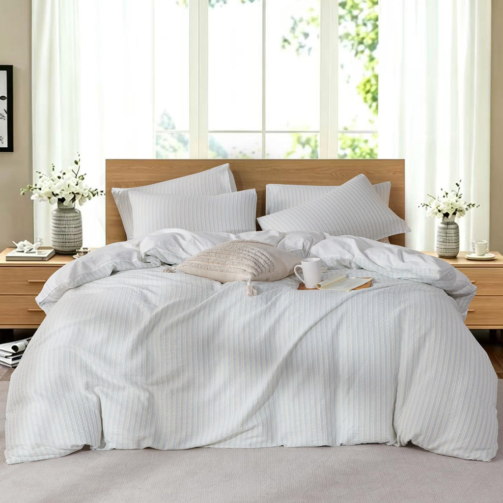 Light Blue Striped Duvet Cover Washed Cotton Jacquard 3 Pieces Bedding White Blue Vertical Ticking Stripes
