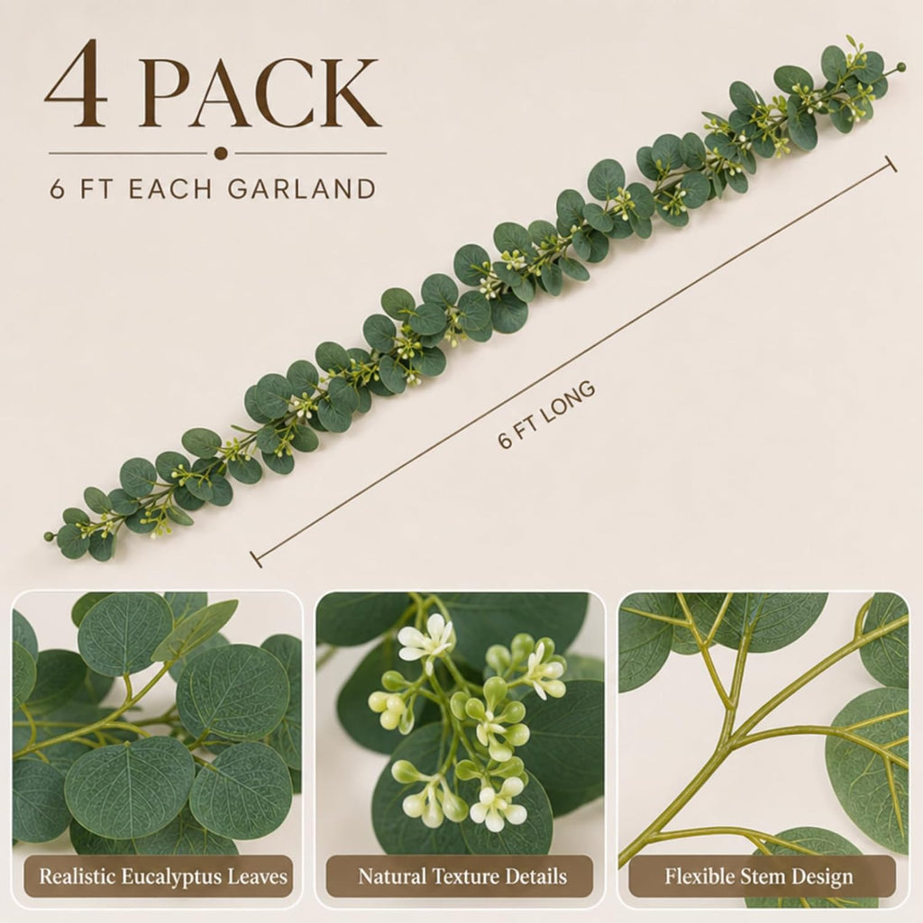 6Ft Artificial Eucalyptus Garland, Faux Eucalyptus Plants Greenery Leaves Fake Vines for Table Home Wedding - Set of 4