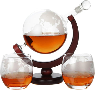 World Globe Whiskey Decanter with Dark Finished Wood Stand, Bar Funnel, and 2 Matching Glasses (850 ml)