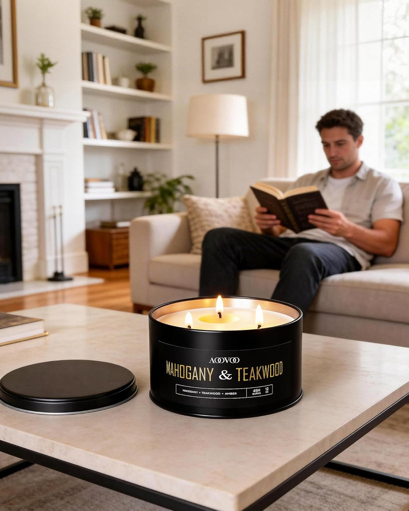 Mahogany Teakwood Candles for Men - 3 Wick 12oz Black Scented Candle - Set of 12