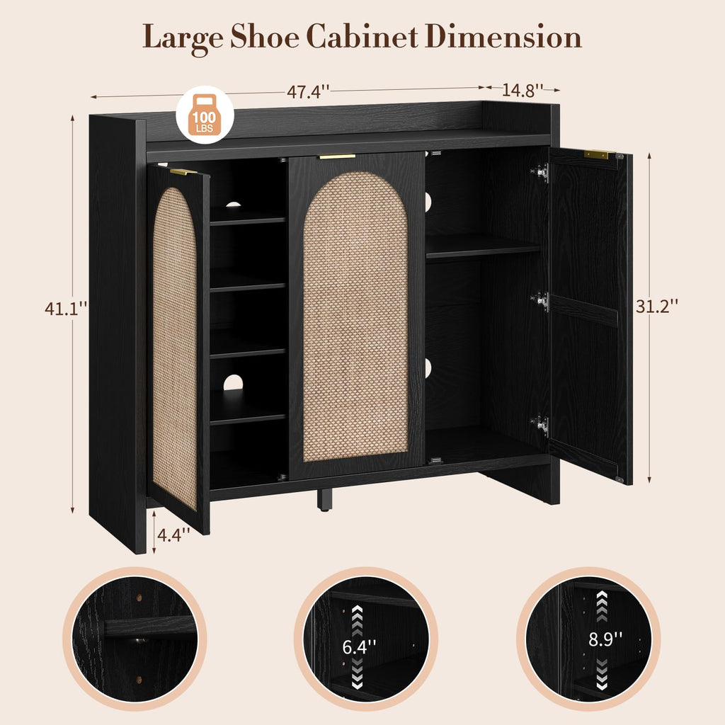 Shoe Cabinet Storage - Rattan Accent Cabinet with 3 Doors & Adjustable Shelves, 6-Tier Large Wood Shoes Cabinets with
