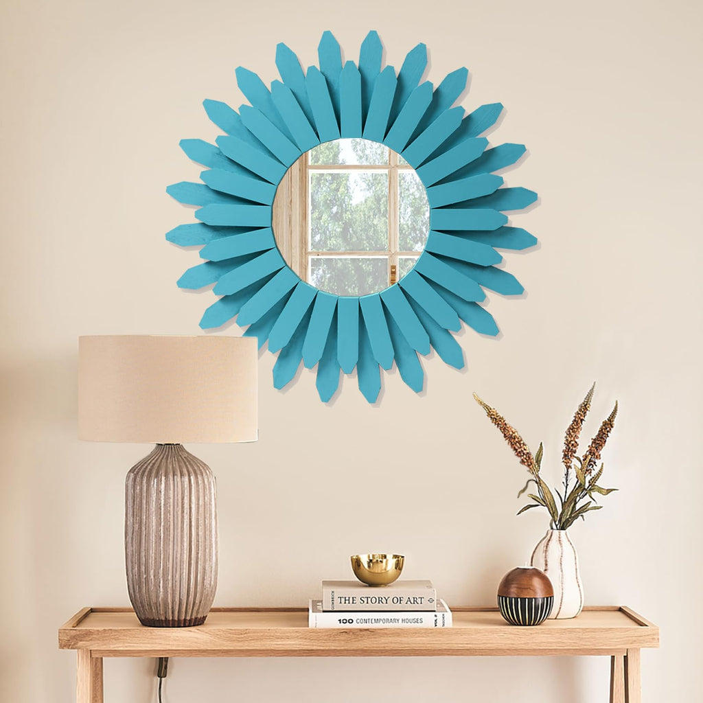 Beach Wall Decor Mirror 21 inch Wood Coastal Wall Decor Sunburst Boho Home Decor Room Decor Living Room Entryway Cyan