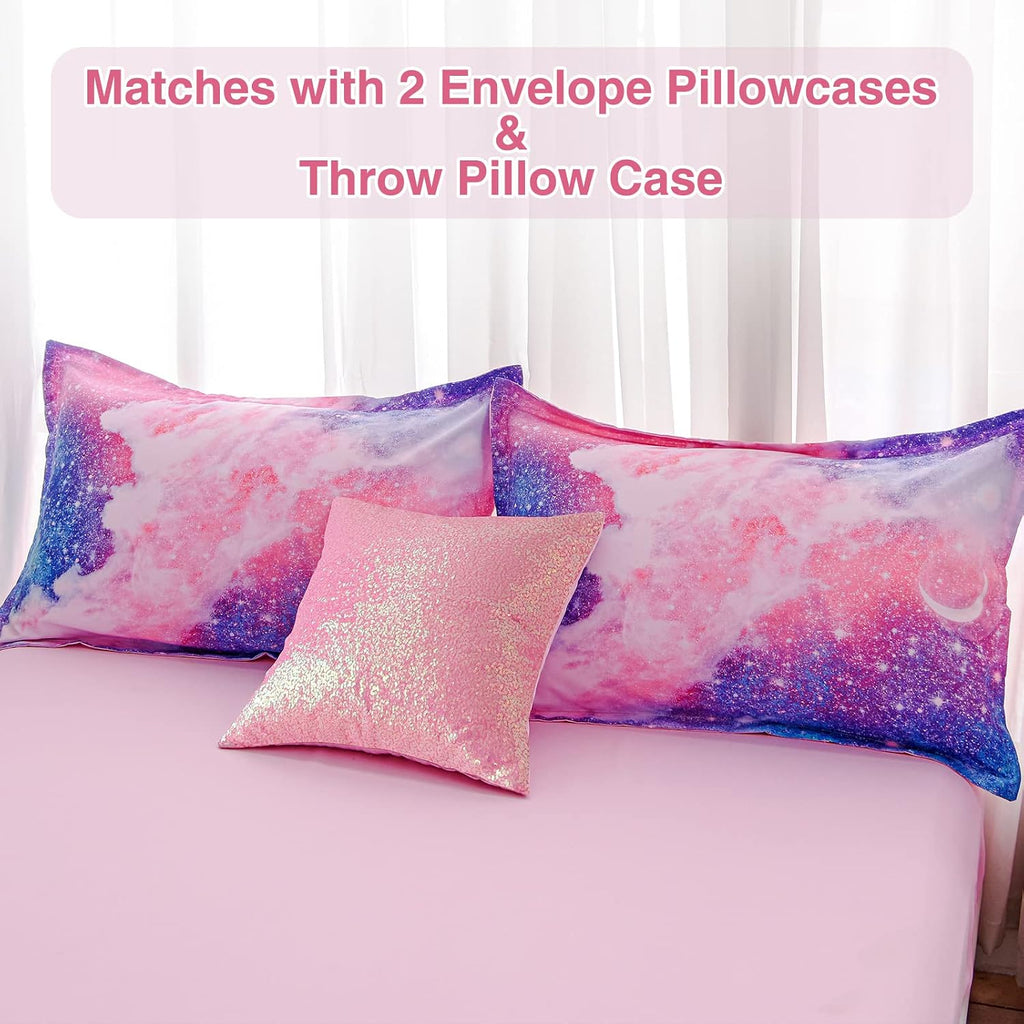 Galaxy Bedding Sets Outer Space Comforter 3D Printed Space Quilt Set Full 6Pcs Glitter Pink,for Children Boy Girl