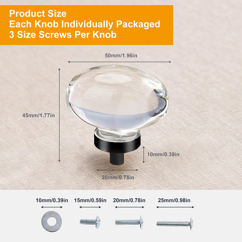 8 Pack Glass Cabinet Knobs and Pulls, Oval Crystal Knobs for Dresser Drawers, Matte Black Kitchen Cabinet Knobs Egg