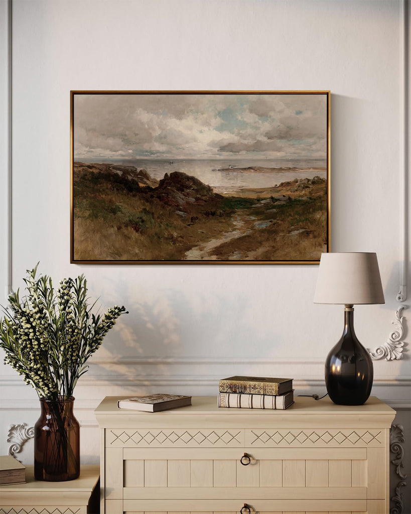 Golden Framed Vintage Canvas Wall Art A Bit of Massachusetts Coast Coastal Beach and Clouds Seascape 24x36 inch
