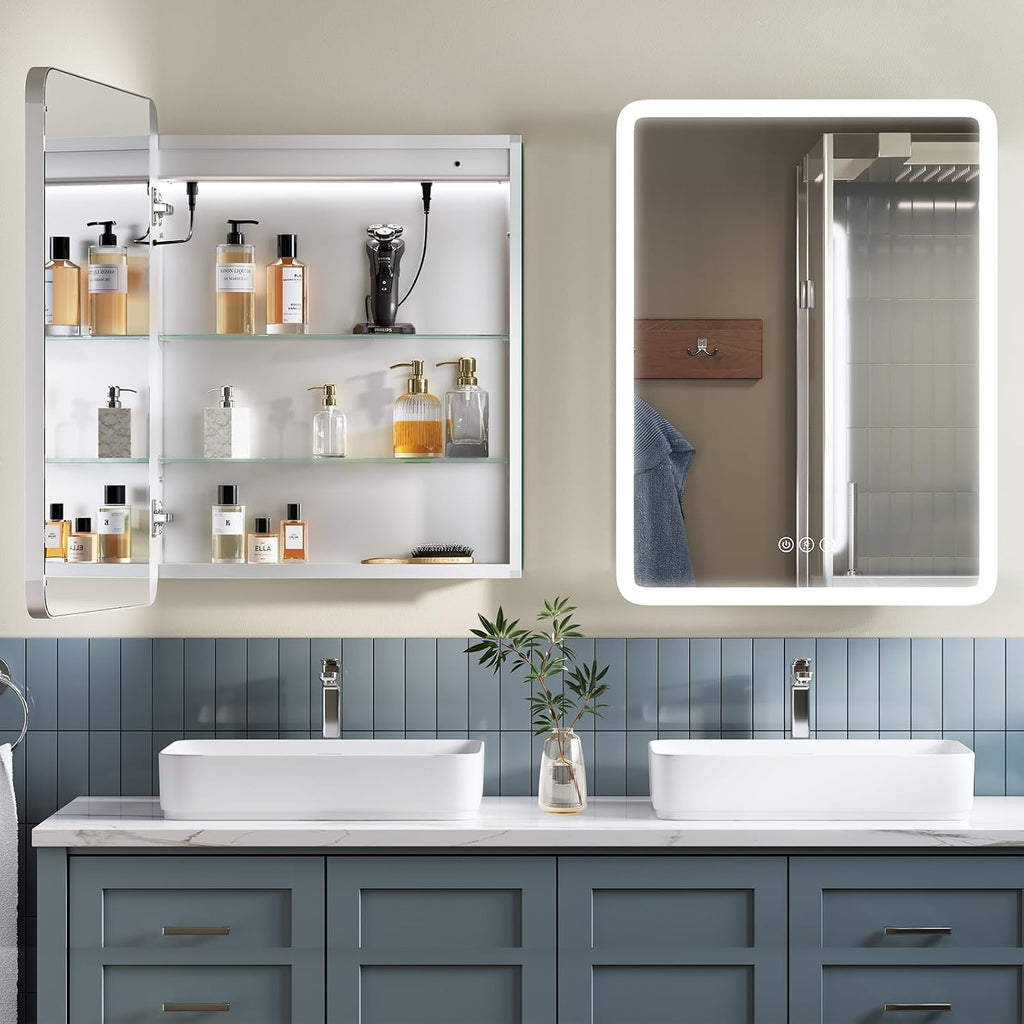 24x32 Medicine Cabinet with Lights (Left-Hinged), AL Alloy Frame, 2 Outlets +1 USB +1 Type-C, Recessed or Surface