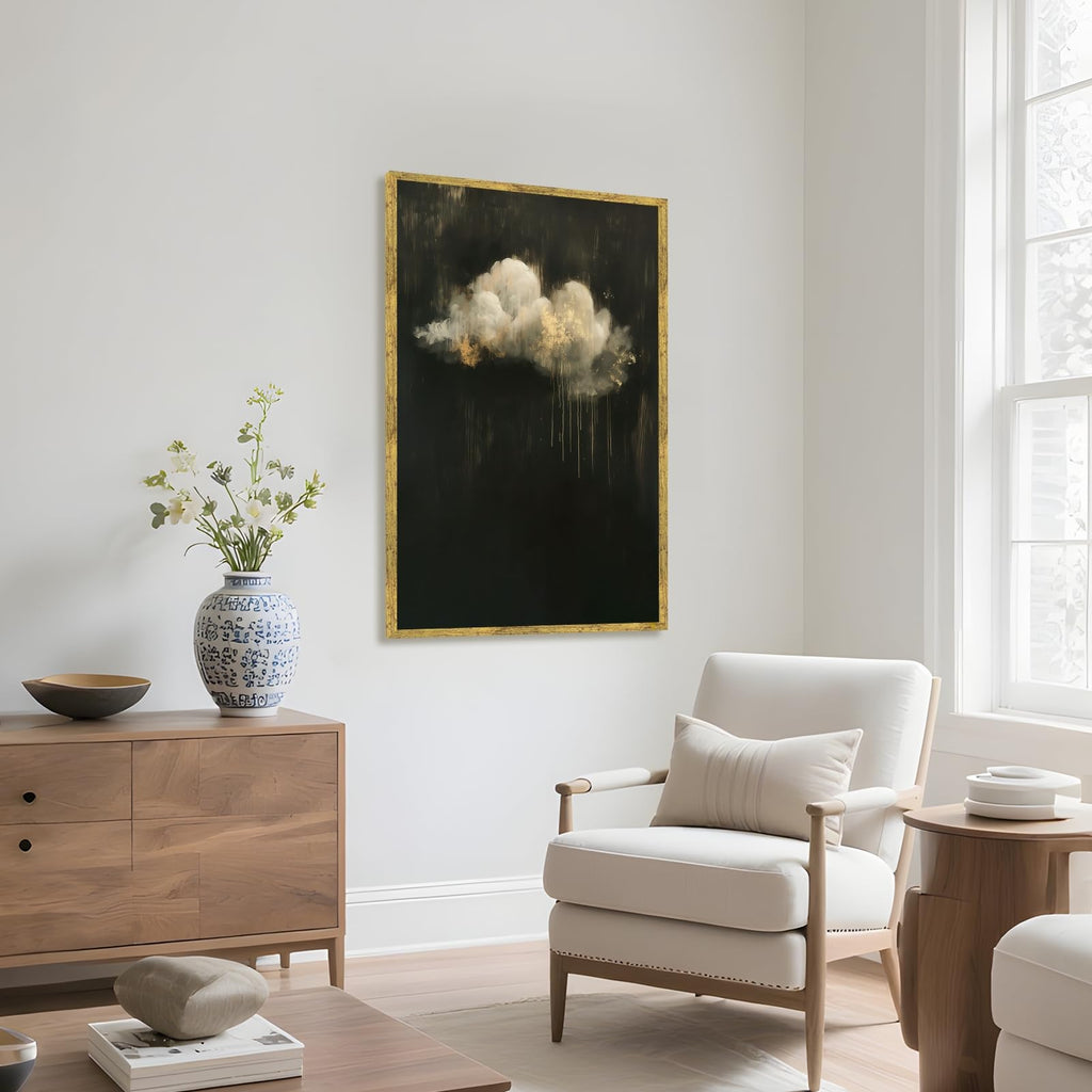 Gold Framed Abstract Cloud Wall Art Modern Darkness Moody Landscape Poster Minimalist Dark Academia Canvas Painting