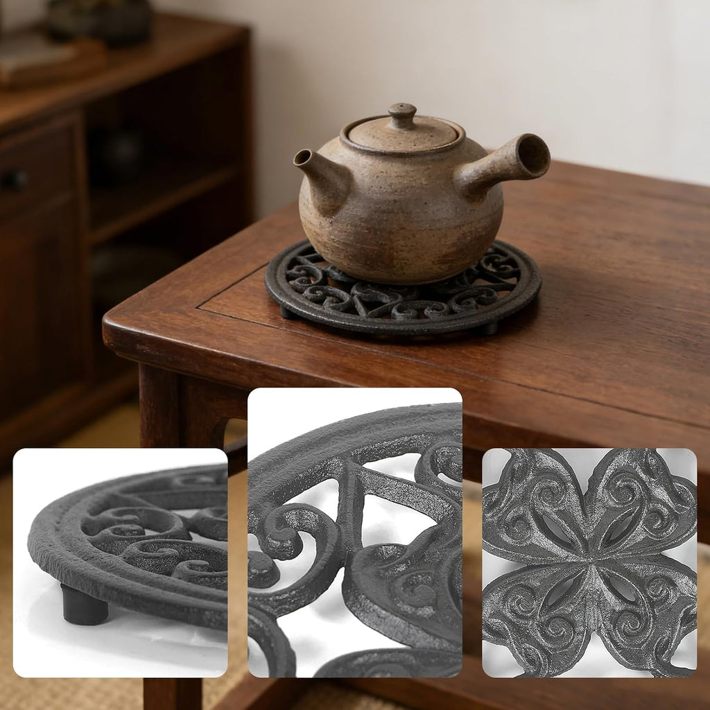 7 Inch Cast Iron Trivet, Round Heavy Duty Hot Pot Holder with Vintage Floral Design, Heat Resistant Mat