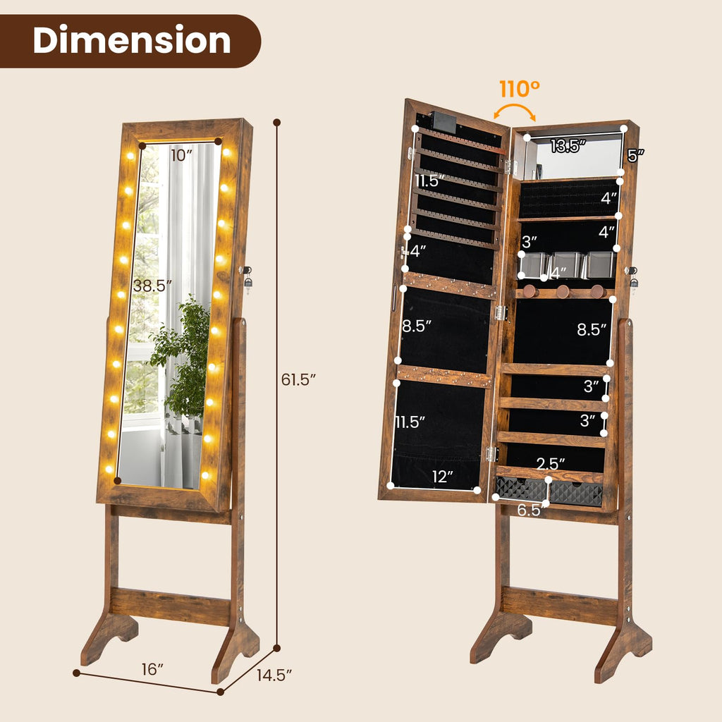 Standing Jewelry Armoire with Full Length Mirror, 20 LED Lights