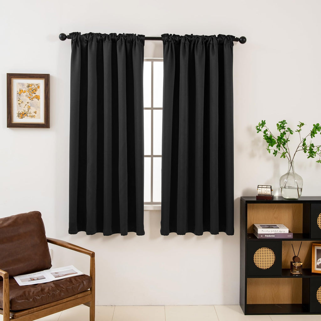 Blackout Curtains 63 Inches Long 2 Panels, Black Out Drapes, Back Tab and Rod Pocket Top, Set of Two, Black, 52"