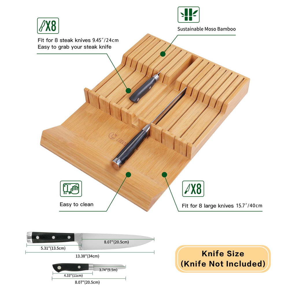 In-drawer Knife Block Bamboo Kitchen Knives Drawer Organizer Large