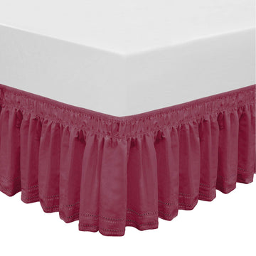 Wrap Around Elastic Eyelet Bed Skirt Dust Ruffle (Burgundy, Embroidery-Queen/King-14 1/2 Inch Drop)