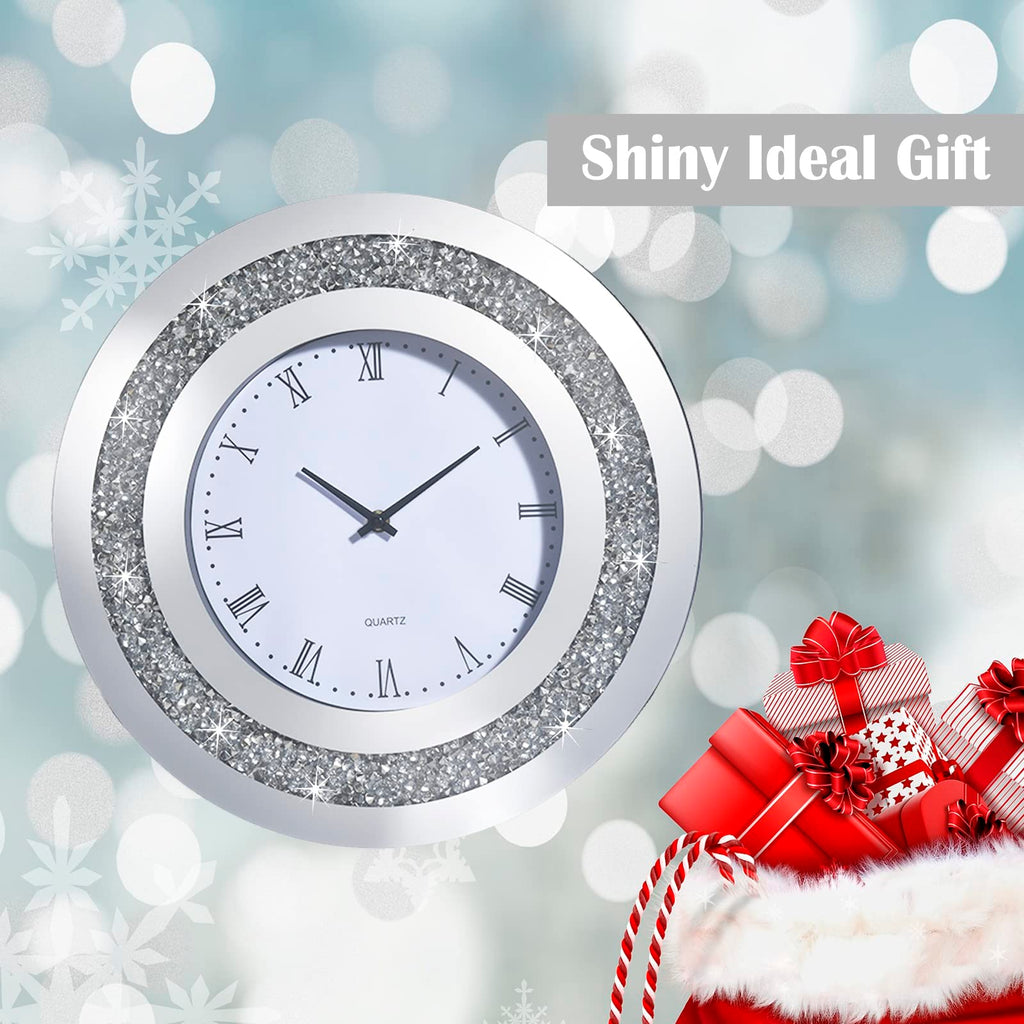 Large Crystal Wall Clock, 15.8" Silver Round Diamond Glass Clock