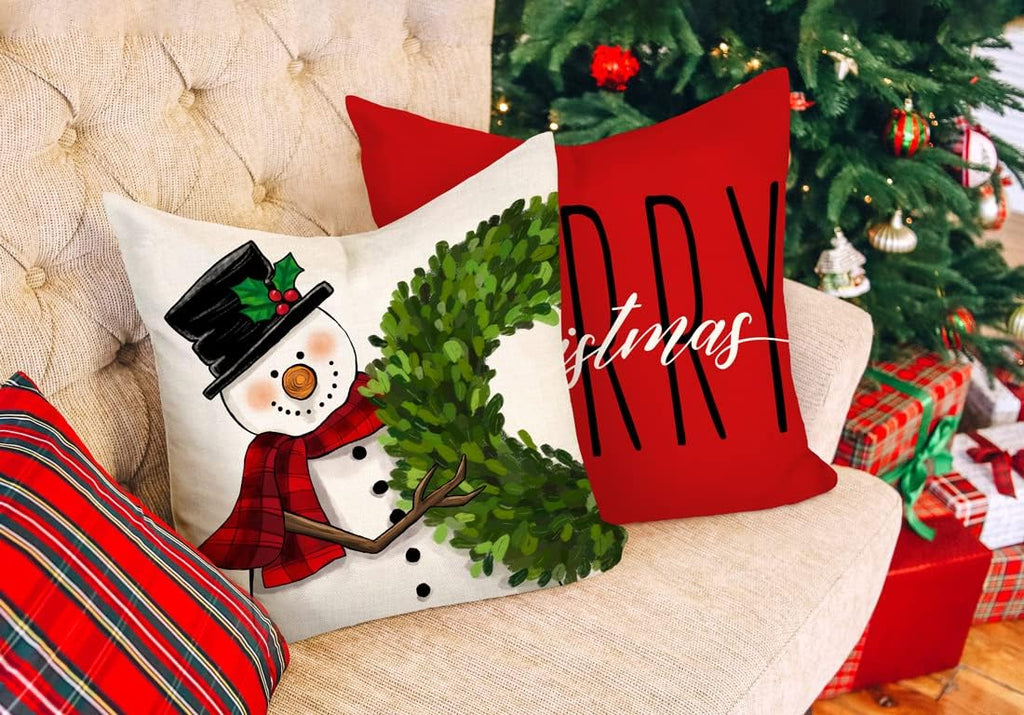 Red Christmas Pillow Covers 18x18 - Farmhouse Decorations With Snowman, Wreath, Santa Claus, Tree - Merry - Set of 4