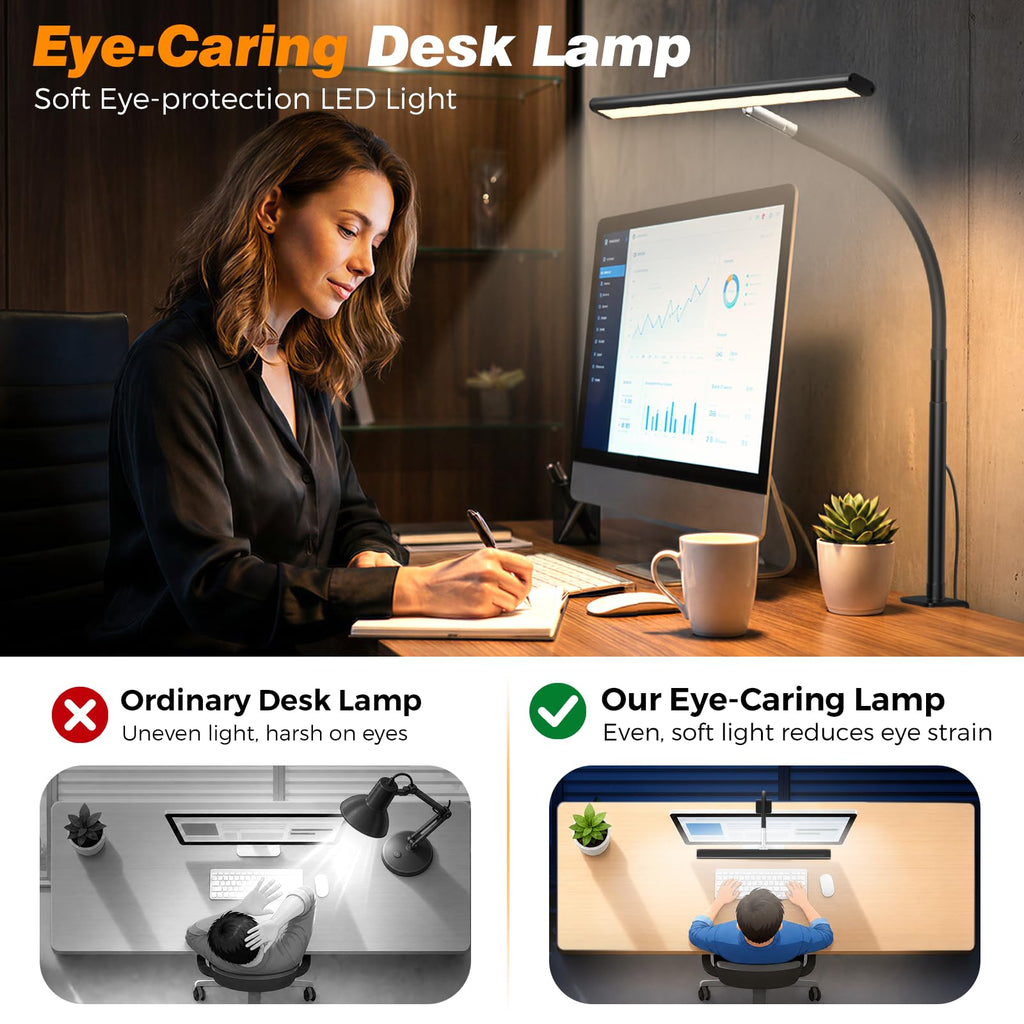 LED Desk Lamp with Clamp, 17" Stepless Dimming Light, Black