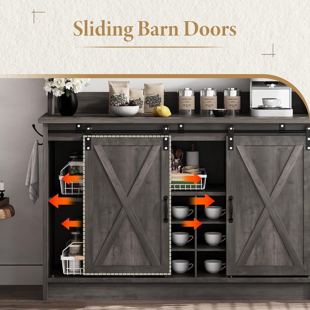 47" Farmhouse Coffee Bar Cabinet with Storage Hutch, Grey | Coffee Bar Station with Sliding Barn Door, 6 Hooks and