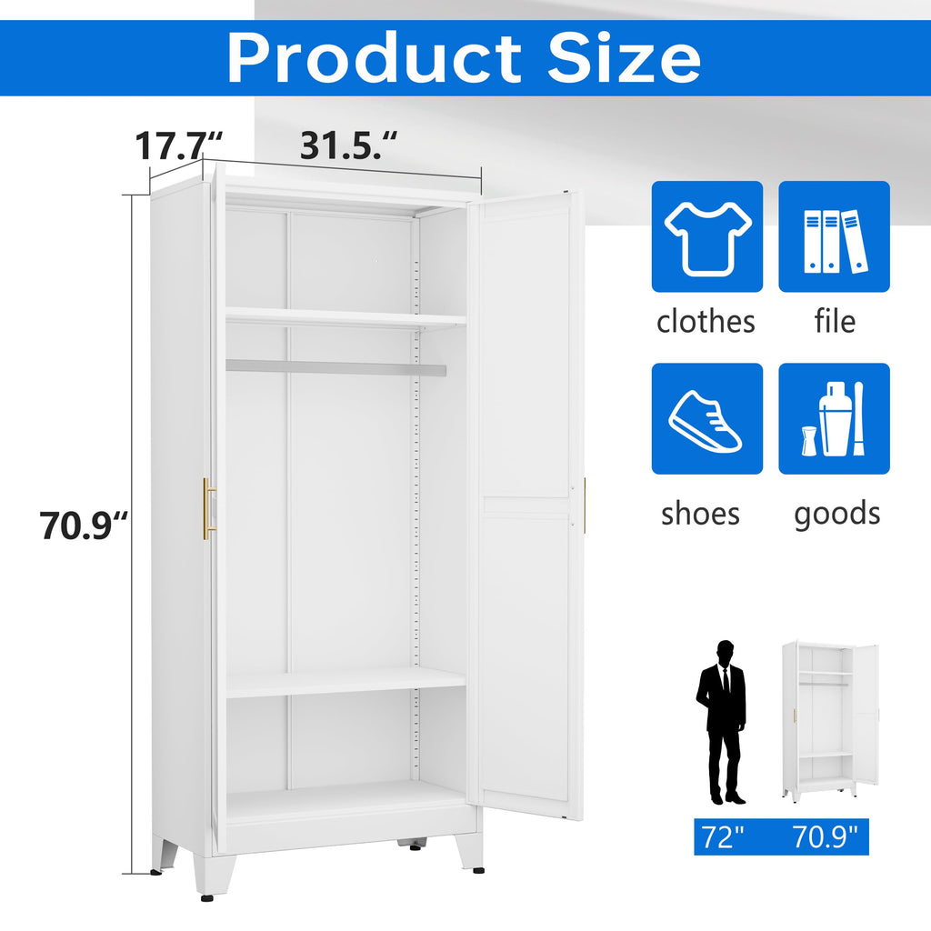 71" Metal Armoire Wardrobe Closet, Bedroom Clothing Storage Cabinet with Hanging Rod, Freestanding White Armoire