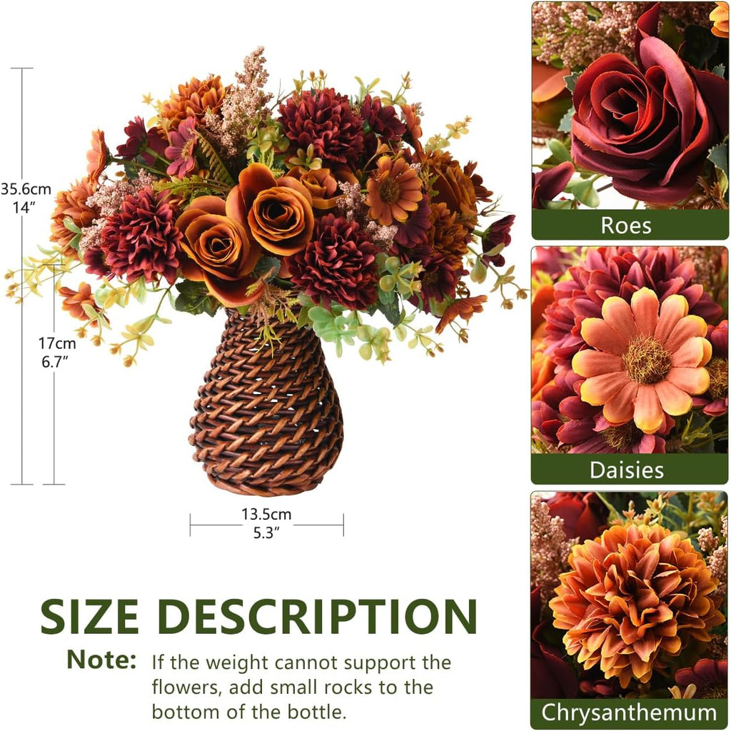 Fall Artificial Faux Flowers in Vase Fake Silk Rose Bouquets Indoor Decor - Set of 4