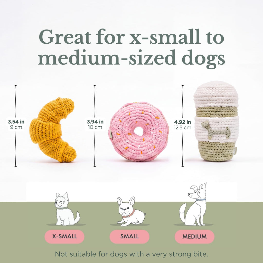 Café Bakery Puppy Toy Gift Set - 3 Hand-Knit Organic Cotton Plush Dog Toys: Croissant, Donut & Coffee Cup for