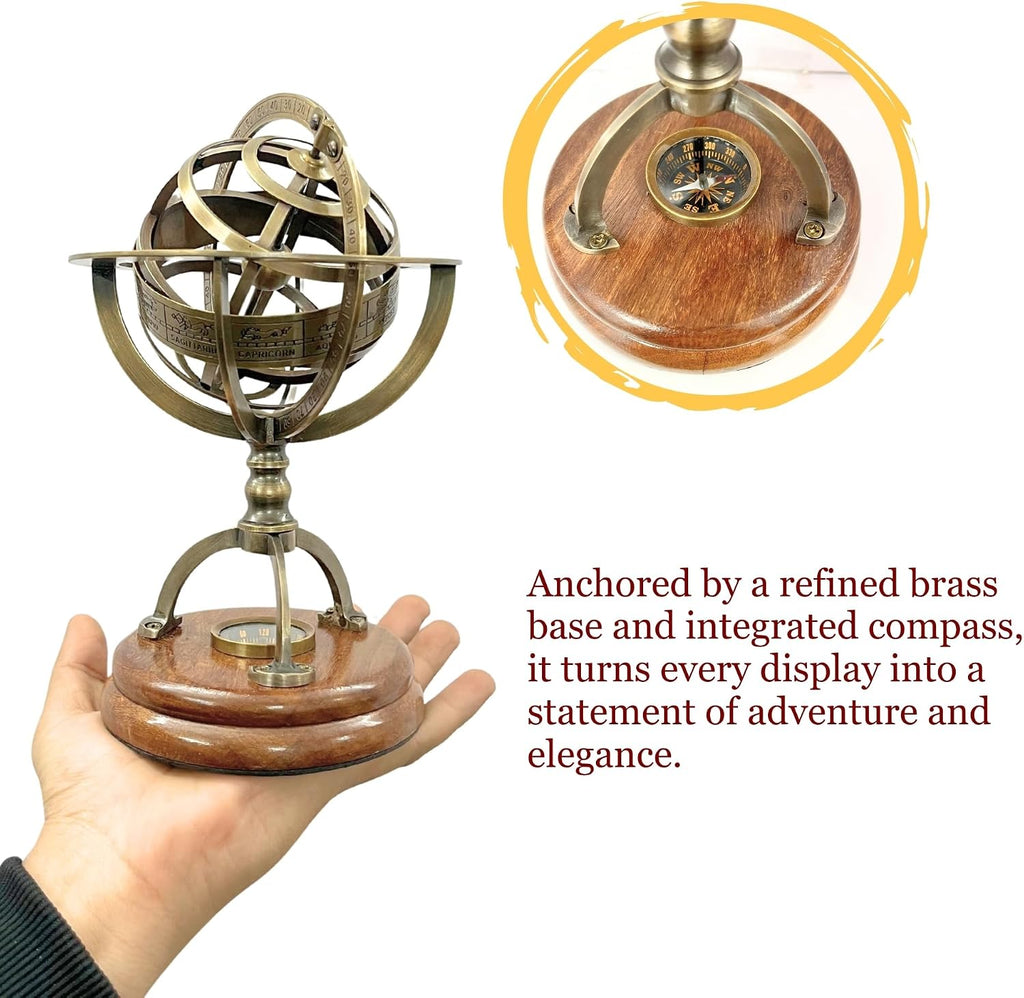 Armillary Sphere Globe with Celestial Engravings, Compass at Center for Authentic Navigation, and a Sturdy Elegant