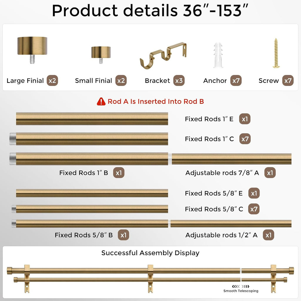 Warm Gold Double Curtain Rod, Brass Extra Long Dual Curtain Rods for Windows 36 to 153 Inch, 1 Inch Adjustable Heavy