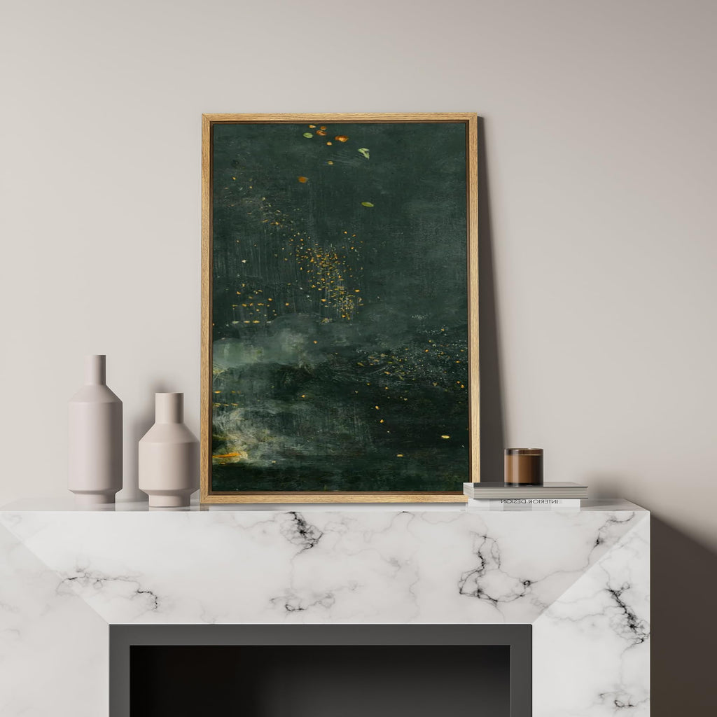 Framed Canvas Print Wall Art Starry Night Flora Abstract Plant with Gold Accents Dark Green Botanical Illustrations
