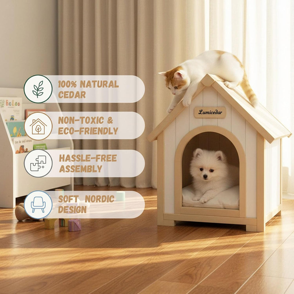 Natural Solid Wood Pet House, Outdoor Indoor for Small Dog & Cat