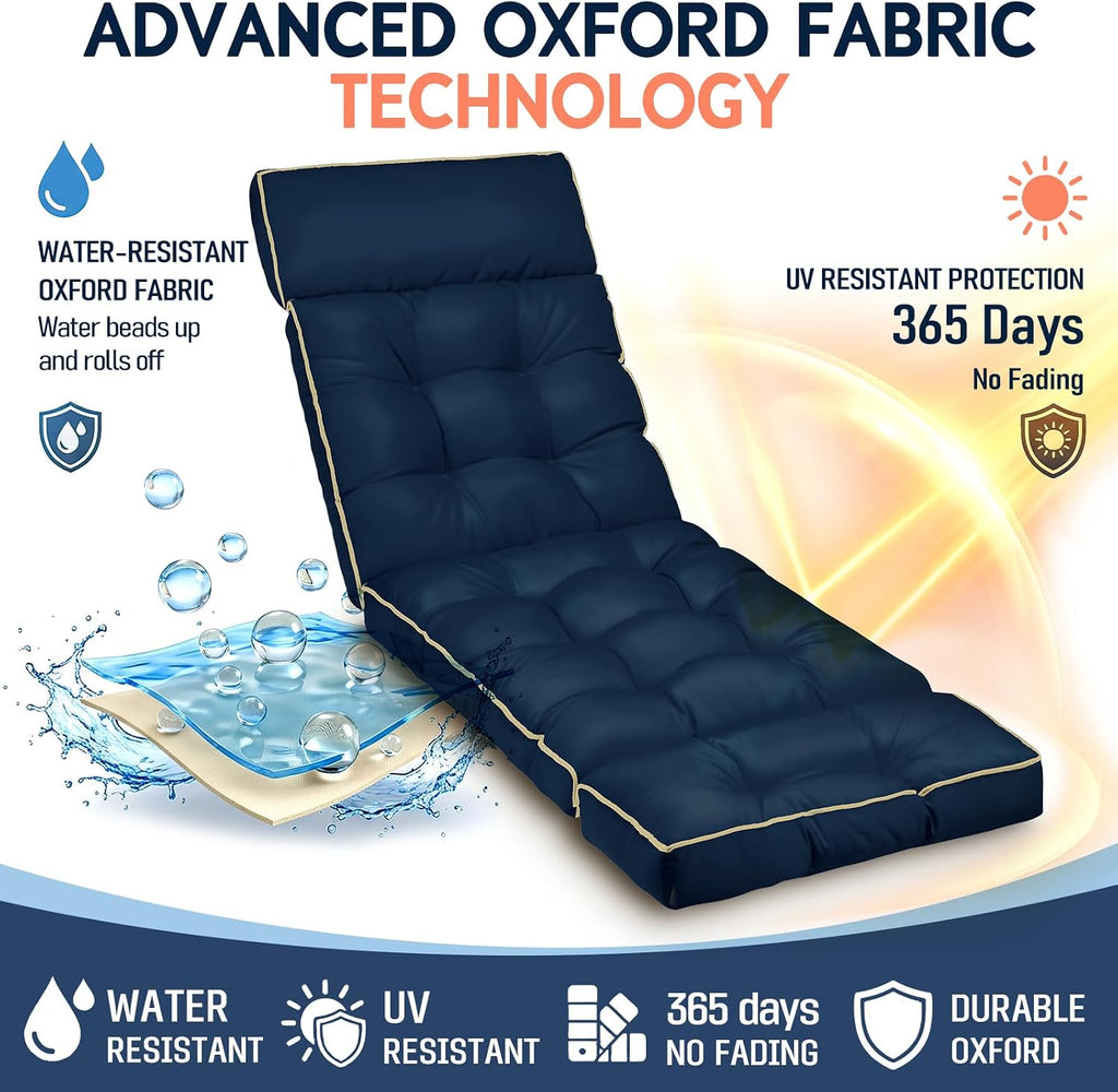 Chaise Lounge Cushion Outdoor, Memory Foam Replacement Patio Pool Lounge Chair Cushion with Ties for Outdoor
