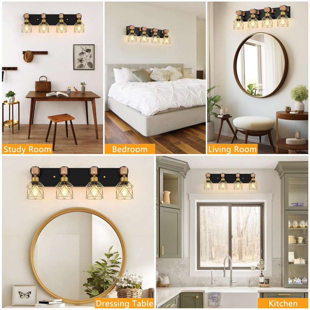 Farmhouse Bathroom Vanity Light Fixtures, 4-Light Wood Bathroom Lighting Over Mirror, Rustic Black Gold Sconces Wall