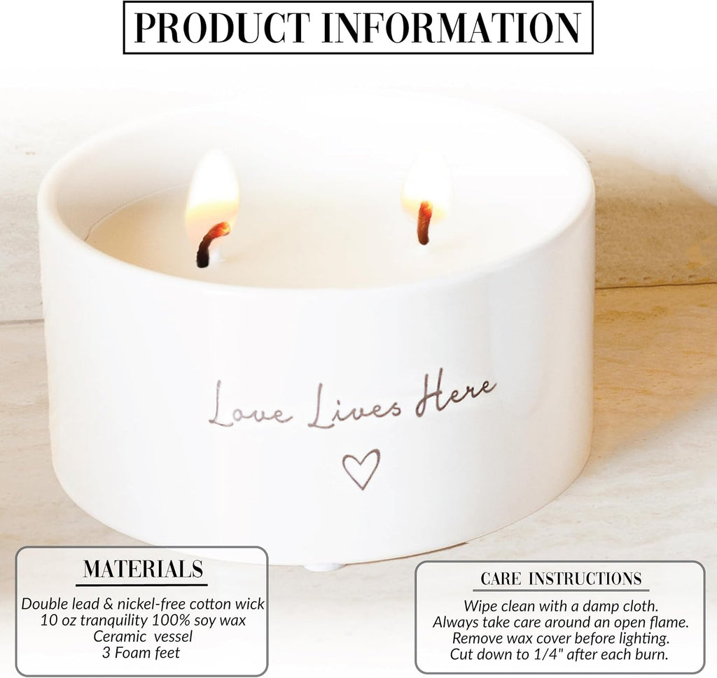 Love Lives Here - 10 oz Soy Wax Ceramic Vessel Candle Housewarming Apartment-Warming Gift Present Neutral Home Decor