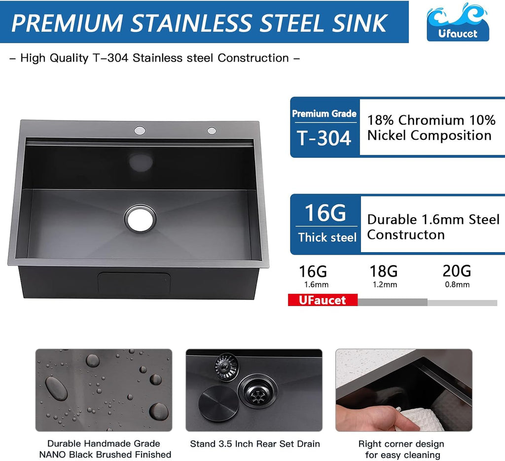 33x22 Drop Sinks Black, Gunmetal Black Stainless Steel Workstation 16Guage Topmount Single Bowl 9 Inch Deep Sink with