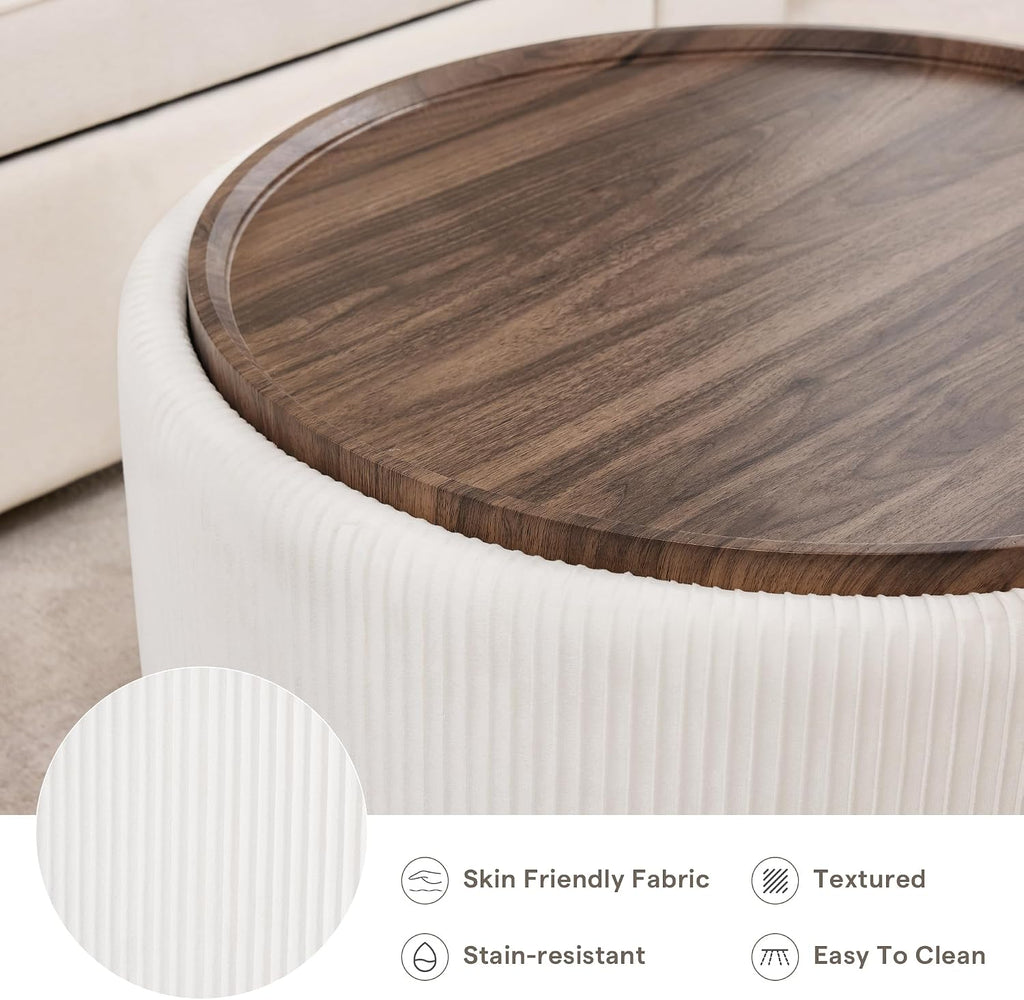 29.5 Inch Round Storage Ottoman Coffee Table, Beige Velvet | Modern Circle Coffee Table With Storage With Removable