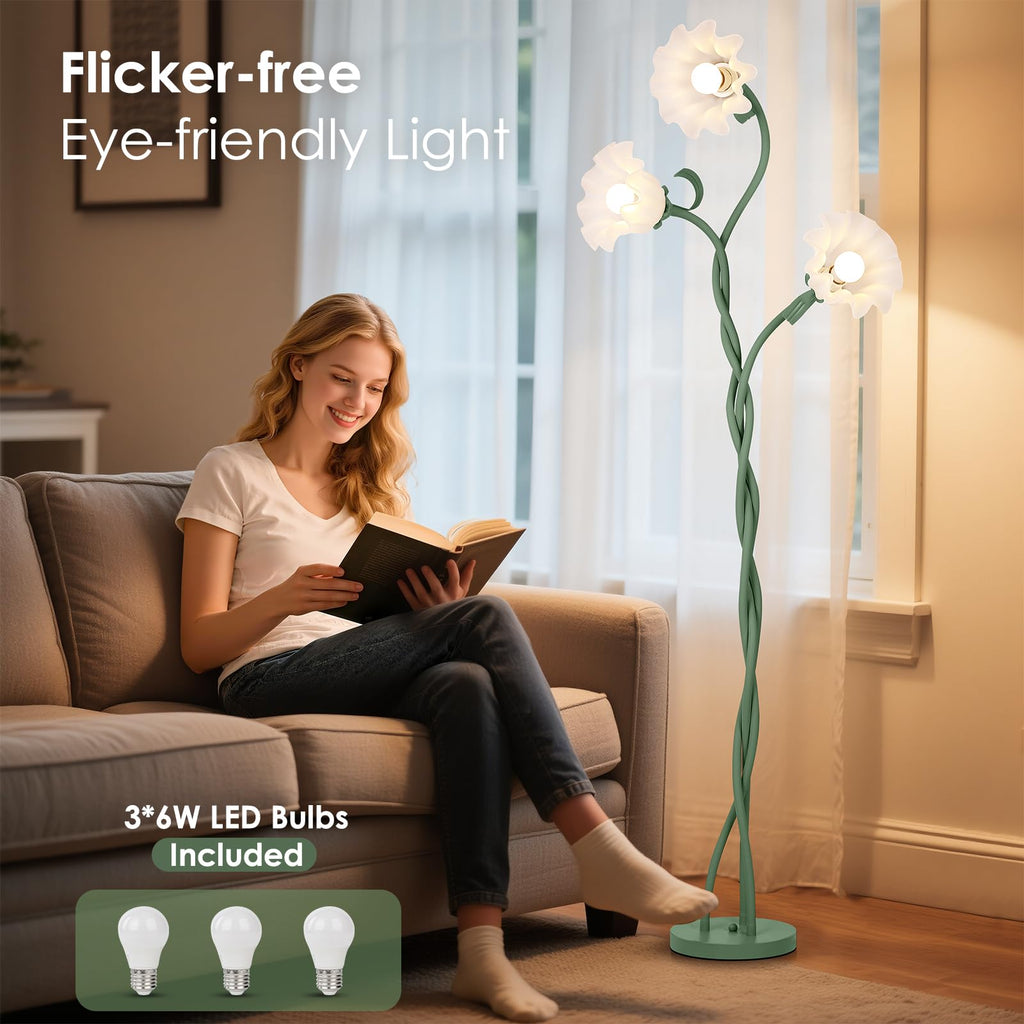 Floor Lamp, 3 Lights Green Flower Lamp, Modern Tall Standing Lamp with 3 Color Temperatures Flexible Gooseneck, Mid