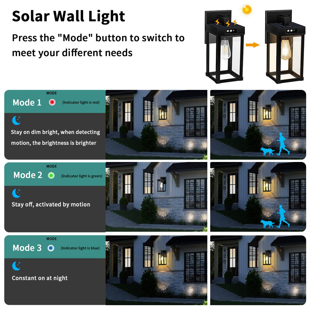 Solar Wall Lights Outdoor with Motion Sensor, 3 Modes, Dusk to Dawn