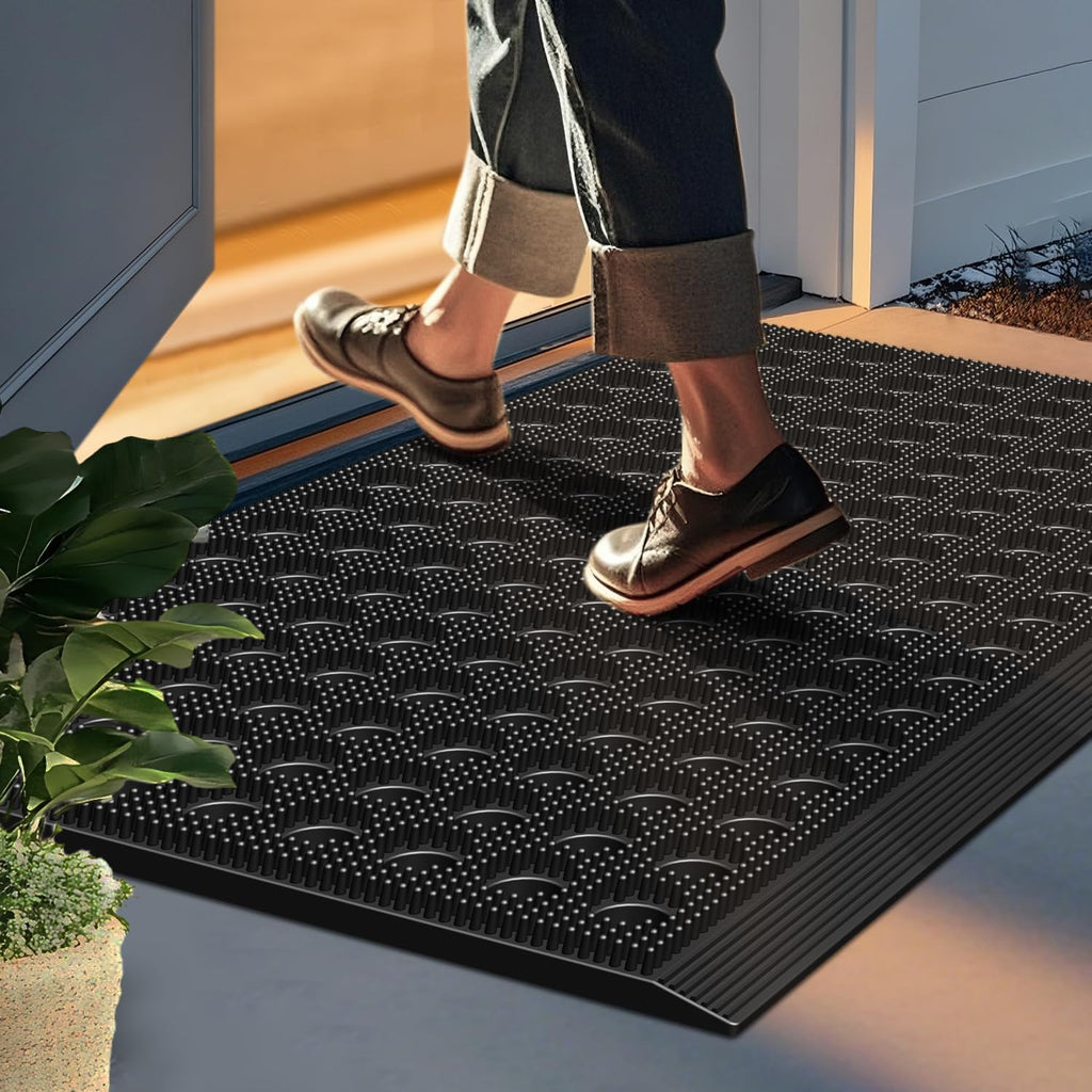 Front Door Mat, 17" X 29.5", Black, Heavy Duty Dirt Trapping | All Weather Waterproof Non-Slip Drainage Welcome