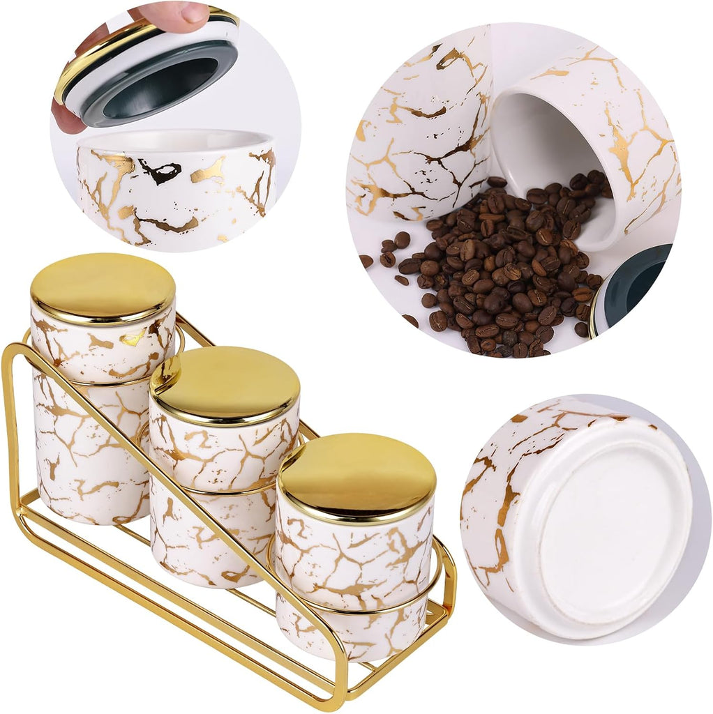 Ceramic Canister Set Countertop - A Kitchen Canisters with Tiered Shelf, Airtight Countertop Flour and Sugar - Set of 3