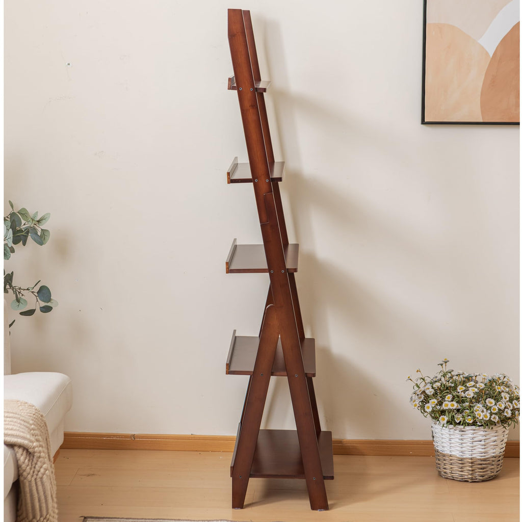 Bamboo Ladder Shelf Bookcase, 5-Tier Leaning Bookshelf Free Standing Organizer Storage Shelves, Balcony, Dark Walnut